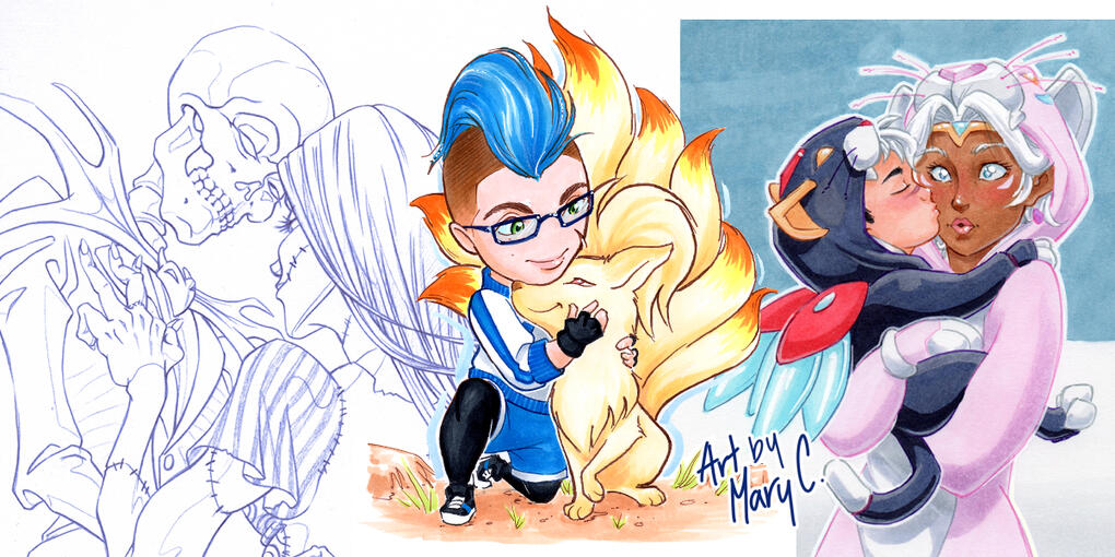 Collage of a sketch of Jack and Sally, and two colored drawings of a pokemon trainer with ninetails and kid!Shiro with Allura in lion onesies